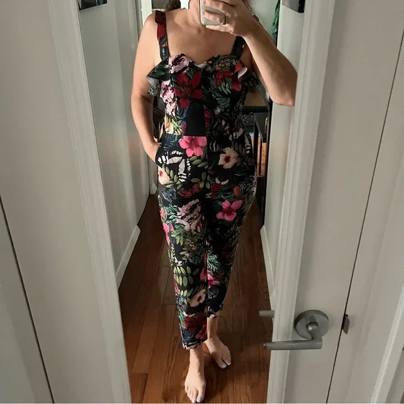 H&M Jumpsuit Romper Floral ruffle sleeve black red pink stretch size 8/38 - Picture 9 of 12